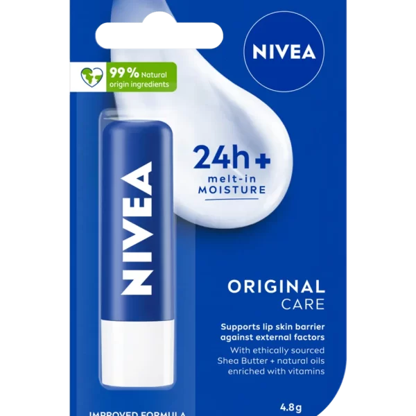 NIVEA 24h+moisture original care caring lip balm supports lip skin barrier against external factors