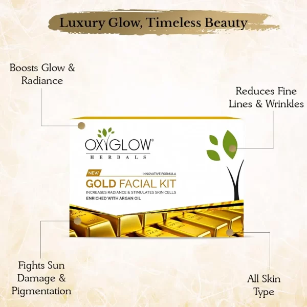 OXY GLOW HERBALS GOLD FACIAL KIT INCREASE RADIANCE AND STIMULATES SKIN CELLS AND ENREACHED WITH ORGAN OIL